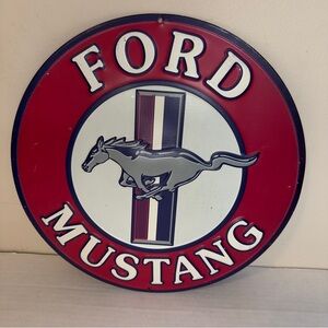 Ford Mustang Logo Round 12" Metal Sign Silver Pony Red White Blue Embossed